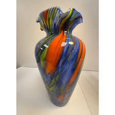 1990s Murano Hand Blown Ruffle Vases in Orange, Blue, Yellow and Lime- a Pair | Chairish