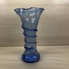 Hand Blown Art Glass Vase Applied Swirl Ruffled Edge Blue | eBay