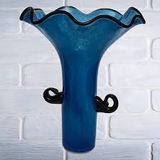 Late 20th Century Ruffled Edge Blue Art Glass Vase With Handles | Chairish