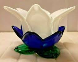 WHITE BLUE WATER LILY HANDBLOWN ART GLASS VOTIVE CANDLE ...