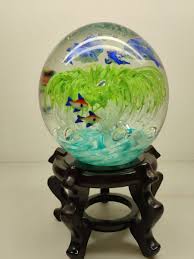Large Glass Dolphin, Fish & Greenery In Globe on Wood Stand ...