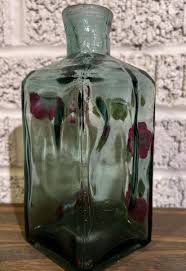 Green Square Wavy Glass Bottle 7.5" Hand painted Burgundy ...