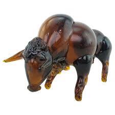 Mid-Century Modern Era Dark Amber Art Glass Bull Sculpture ...