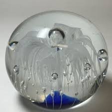 Art Glass Paperweight Sphere Orb Blue White Flower ...