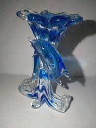Blown Glass With Two Dolphins Wave Statue Blue White Clear Figurine 9" | eBay