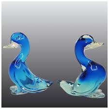 Pair Large Blue Seguso Murano Glass Ducks. For Sale at Ruby Lane