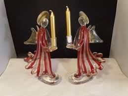 2 MURANO Candle Holder ANGELS Striped Red & Red GOLD ART ...