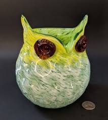 Cute 6.5" Art Glass Owl Vase Bowl Chartreuse Root Beer ...
