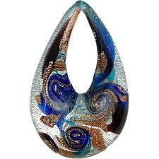 Authentic Murano Glass Lampwork Teardrop Silver and Aqua, Cobalt with Aventurina 50mm