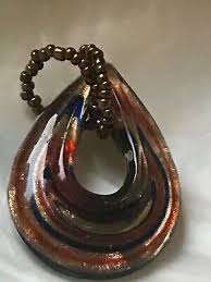 Estate Large Gold with Orange & Blue Stripes Fused Art Glass Open Teardrop Penda