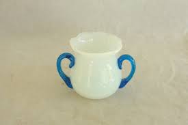 VINTAGE FRY ART GLASS FOVAL STYLE OPAL & BLUE 2 HANDLED ...