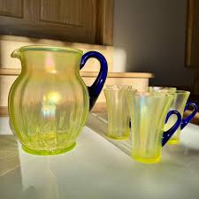 Fenton Topaz Vaseline Stretch Glass Pitcher Set With 5 ...