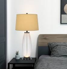 Benjara Leno 32 Inch Table Lamp, Leaf Pattern Clear Glass Base, Beige Shade | Wayfair