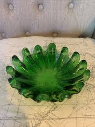 VINTAGE MCM Green Blown Glass Ashtray/Trinket/Candy Ruffled ...