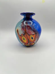 Vintage Art Glass Vase - Blue and Orange Multicolor With Butterfly Like Design on Both Sides, Round With White Interior, Unmarked - Etsy