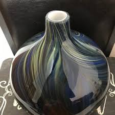 28cm Mouth Blown Glass Tall Round Vase Blue Grey Green Cream Effect - Etsy