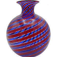 Red and Blue Spiral Canes Small Vase Authentic Murano Glass, La Fenice, Mouthblown Venetian Glass