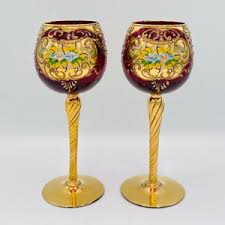 Vintage 1970's Murano Red Gold Trim Floral Design Blown Wine Glass 4' Tall - Etsy