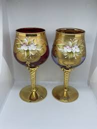 GlassOfVenice Murano Glass Wine Glasses w/ 24K Gold Leaf ~ Lot of 2 Red & Purple | eBay