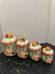 Vintage Mid Century Mushroom Butterfly Ceramic Canister Set of 4 Made in Japan
