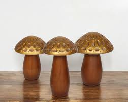 Set of Three Brown And Gold Wood Mushroom Tabletop ...