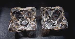 Pair Old Clear Crystal Glass Square Blossom Tapered ...