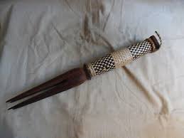 Fijian Cannibal Fork Carved Wood With Woven Handle