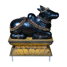 Carved Wood Sculpture of the Hindu Deity Nandi With Pedestal, Circa 1920 For Sale at 1stDibs