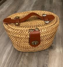 Vintage Wicker Basket Handbag Purse w/t Leather Handle Metal ...