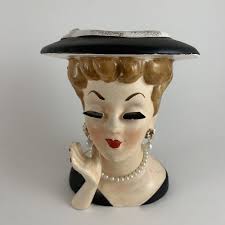 Lee Ward Lady Head Vase Black Dress Hat Jewelry Eye Lashes ...