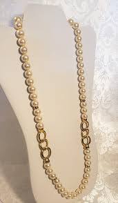 Vintage 80s Napier Long Faux Pearl Necklace Gold Tone Metal ...