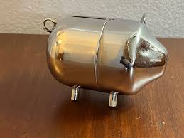 Vintage Metal Silver Tone Pig Piggy Bank 1970's Bottom Screw ...