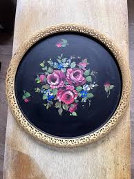 Large Signed Filigree Gold Rim Hand Painted Garden Roses Vintage Black Tole Tray | eBay