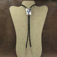 Navajo Hand Stamped Sterling Silver Oval Turquoise Bolo Tie By Spencer | Mac's Indian Jewelry