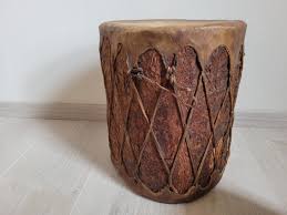 Tree Trunk Drum With Bark and Rawhide 37 Cm High Musical ...
