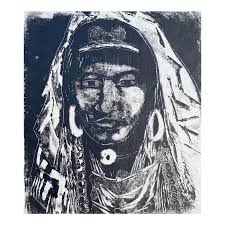 1960s Linocut of Man in Tribal Dress | Chairish