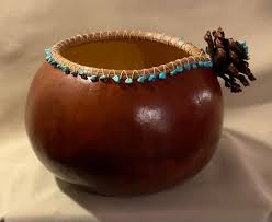 Hard Shell Gourd Bowl, Pine Needle Rim, Pinecone ...