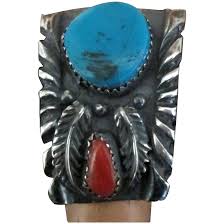 Chunky Vintage NA Navajo Sterling Turquoise Coral Ring- Size ...