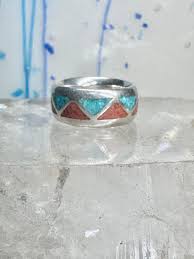 Zuni Wedding ring turquoise chips coral band size 4.50 pinky sterling – SpiritbeadNW