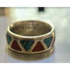 VTG Southwestern Crushed Turquoise Coral Inlay Sterling Silver Ring 5.8 grams Rings