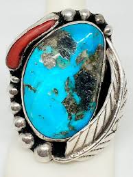 Vintage Native American Baird Signed Sterling Silver Turquoise and Coral Ring — DeWitt's Diamond & Gold Exchange