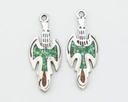 Delvin Nelson Navajo Sterling Crushed Turquoise Coral Eagle Hook Earrings As Is