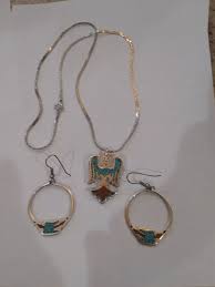 VINTAGE 925 TURQUOISE EAGLE AND MATCHING EARRING 30-IN ...