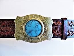 Western Tooled Leather Belt, Big Faux Turquoise Buckle, 2 ...