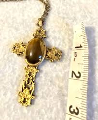 Vintage Tigers Eye Cabochon Set in Gold Tone 3” Cross on 24” chain | eBay