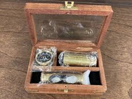 Nautical Brass Telescope, Compass, & Sand Timer Set In Wood ...