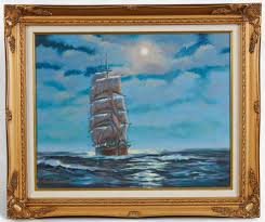 At Auction: Carol Rabello, Carol Rabello (20th century), Clipper ship in moonlight, 1979, oil on canvas, 16 x 20in (40 .5 x 51cm)