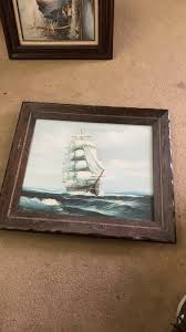 Vintage original sailboat ship Framed oil Painting signed