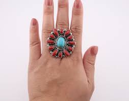 Navajo Cluster Ring, Apple Coral and Turquoise Stones ...