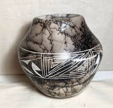 Navajo Horsehair Art Pottery Vase Pot Etched Kokopelli w Turquoise signed Vail | eBay